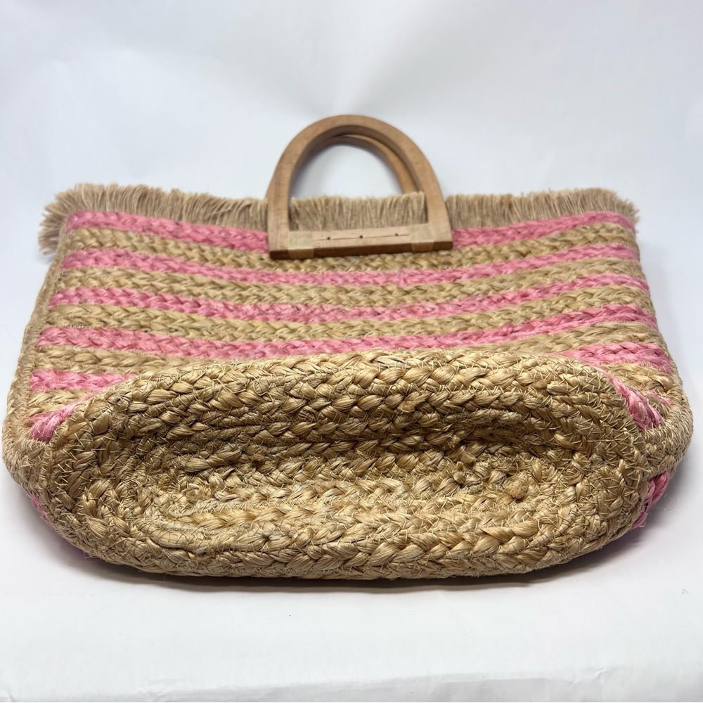 NWT Antik Kraft Natural and Pink Striped Jute Tote with Wooden Handles - Picture 3 of 10